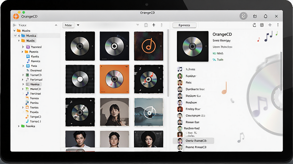 OrangeCD音乐管理软件,主体为软件界面在电脑屏幕上显示专辑封面网格与曲目列表,布局采用左右分栏左侧为音乐库树状目录右侧为专辑详情展示,排版清晰整齐,风格现代简约科技感,细节包含CD光盘图标、音符装饰、艺术家头像缩略图,画质高清干净无多余元素