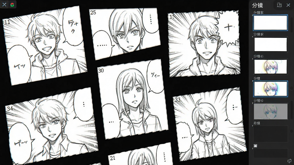 全民漫画家分镜编辑界面展示,画面中显示多个漫画分镜格以不规则排列方式铺开,每个格子内有角色草图和对话气泡,右侧工具栏显示分镜边框样式选项,风格为日式漫画排版风格,细节包括分镜编号、对白引导线和速度线效果,画质清晰,干净,无多余元素