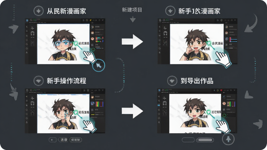 全民漫画家新手操作流程图解,画面以步骤图形式展示从新建项目到导出作品的完整流程,每一步配有软件界面截图和箭头引导,风格为简洁的教程图示风格,细节包括鼠标点击高亮、操作提示文字和进度标记,画质清晰,干净,无多余元素