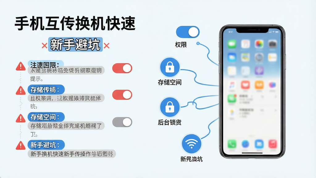 手机互传换机快速新手操作注意事项示意图,画面以信息图形式展示手机屏幕周围环绕着权限开关、存储空间、后台锁定、WiFi信号等图标,布局为中心放射状,排版左侧为注意事项列表,右侧为手机界面截图,风格为清新浅色信息图,细节包含红色警示标记、蓝色高亮标签、灰色提示文字,画质高清,干净整洁,无多余元素,画面中文字为“手机互传换机快速”和“新手避坑”