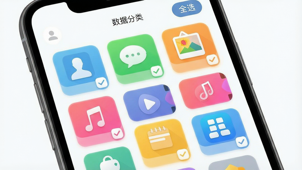 手机互传换机快速数据分类选择界面示意图,画面展示一部手机屏幕内排列着联系人、短信、照片、视频、音乐、文档、应用等多个彩色图标卡片,每个卡片带有勾选框,布局为网格状排列,排版整齐有序,风格为清新浅色扁平化设计,细节包含图标圆角处理、勾选高亮状态、顶部显示“全选”按钮,画质高清,干净无多余元素,画面中文字为“手机互传换机快速”和“数据分类”