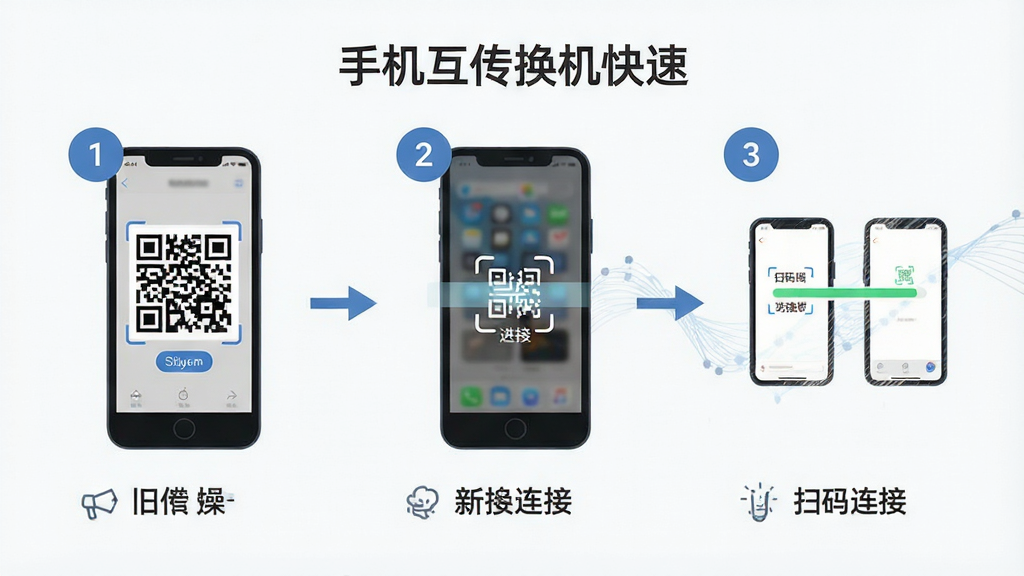 手机互传换机快速操作流程引导图,画面以流程图形式展示三个步骤,第一步旧手机显示二维码,第二步新手机扫码连接,第三步两部手机之间显示传输进度,布局为横向三栏式,排版从左到右依次递进,风格为简约商务扁平风,细节包含步骤编号圆圈、箭头连接线、手机界面缩略图,画质高清,干净整洁,无多余元素,画面中文字为“手机互传换机快速”和“扫码连接”