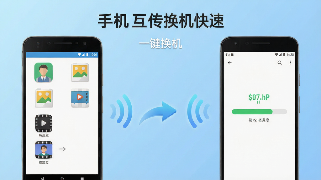 手机互传换机快速软件主界面截图,画面中央展示两部安卓手机通过无线连接互传数据的场景,左侧旧手机屏幕显示联系人、照片、视频等数据分类图标,右侧新手机屏幕显示接收进度条,背景为浅蓝色渐变科技风格,布局简洁对称,排版清晰,风格现代扁平化,细节包含传输箭头动画效果、数据图标微立体质感,画质高清1080P,干净无多余元素,画面中文字内容为“手机互传换机快速”和“一键换机”
