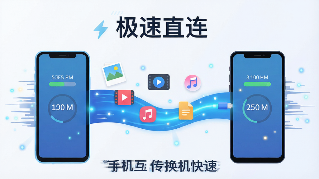 手机互传换机快速极速传输功能展示图,画面主体为两部手机之间连接着一条发光的蓝色数据流,数据流中漂浮着照片、视频、音乐、文档等图标,布局为左右对称式,排版上方居中显示“极速直连”字样,风格为科技感扁平插画,细节包含速度线、光点粒子效果、手机屏幕内显示传输速度数值,画质高清,干净简洁,无多余元素,画面中文字为“手机互传换机快速”