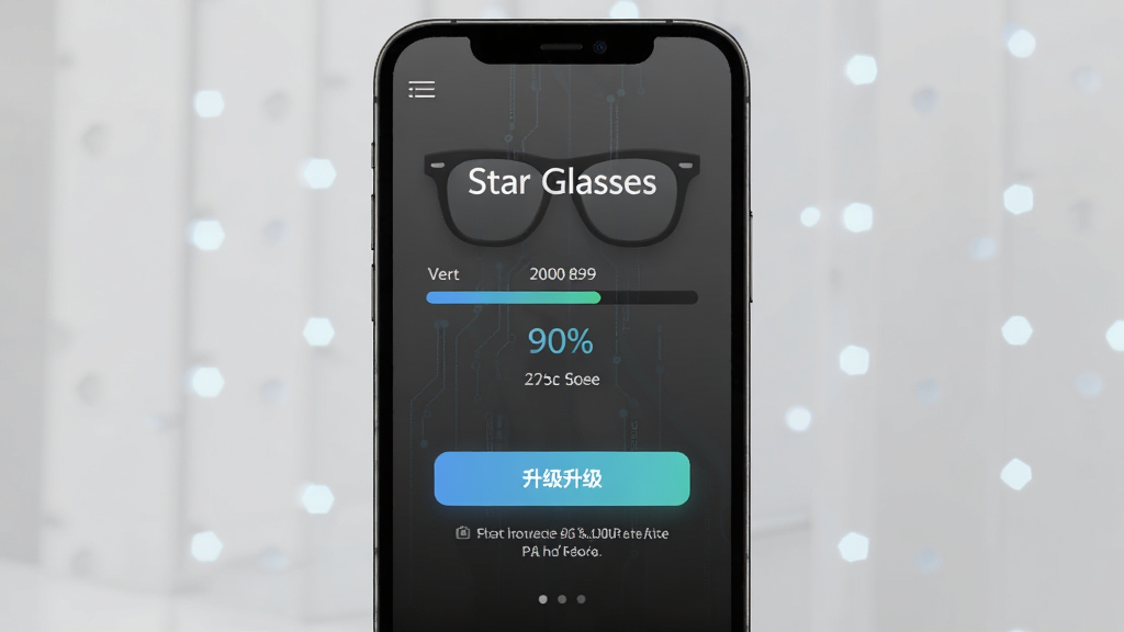 画面展示手机屏幕中“Star Glasses”固件升级进度条界面,布局为居中排版,风格为科技感UI风,细节包含版本号、进度百分比、升级按钮与提示文字,背景为深灰渐变,画质清晰,干净,无多余元素