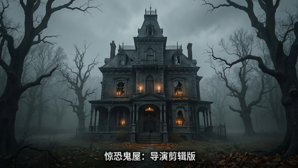 一座阴森古老的维多利亚式宅邸矗立在浓雾弥漫的荒野中,主体为深灰色砖墙与尖顶塔楼,布局为宅邸居中、枯树环绕四周,排版为竖版手机壁纸比例,风格为写实恐怖电影海报质感,细节包含破碎的窗户、摇曳的烛光、半开的铁门与地上的落叶,画面中打文字“惊恐鬼屋:导演剪辑版”,画质为高清、干净、无多余元素