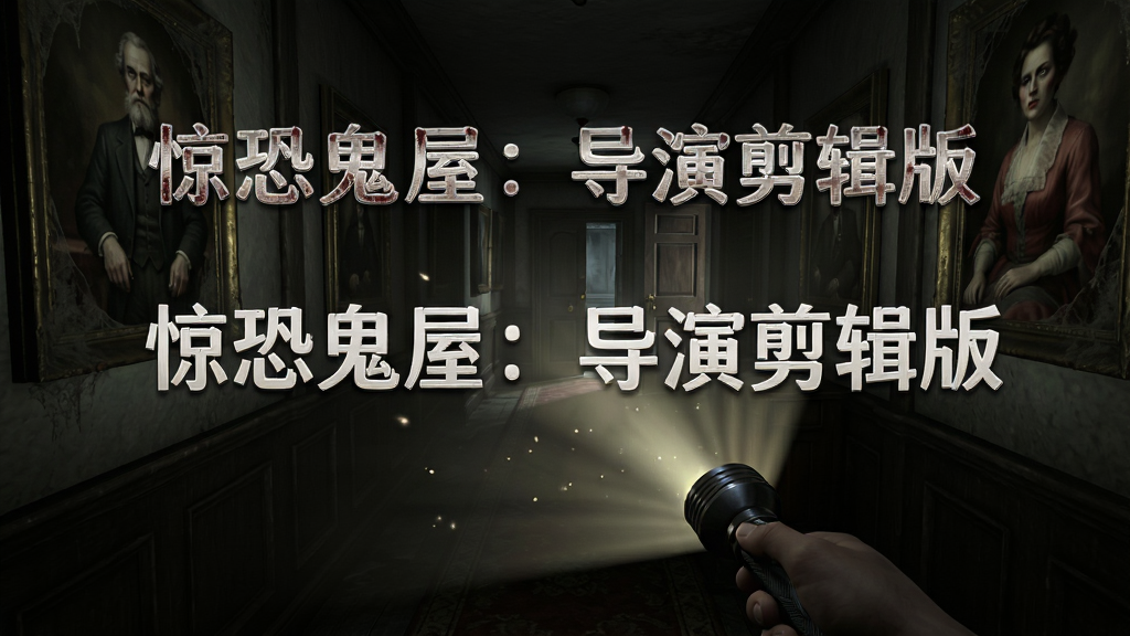 第一人称视角展示昏暗的庄园走廊,主体为玩家手持手电筒照亮前方,布局为走廊纵深构图、两侧挂满蒙尘画像,排版为横版游戏截图比例,风格为恐怖冒险游戏实机画面,细节包含手电筒光晕、飘浮的灰尘颗粒、远处半开的房门,画面中打文字“惊恐鬼屋:导演剪辑版”,画质为高清、干净、无多余元素