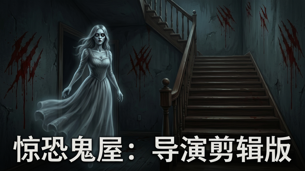 展示黑暗房间中突然出现的幽灵轮廓,主体为半透明女性鬼影站在楼梯转角,布局为鬼影位于画面左侧、右侧为向上延伸的木质楼梯,排版为竖版游戏宣传图,风格为哥特式恐怖艺术,细节包含飘动的裙摆、苍白的脸庞、墙壁上的血迹抓痕,画面中打文字“惊恐鬼屋:导演剪辑版”,画质为高清、干净、无多余元素