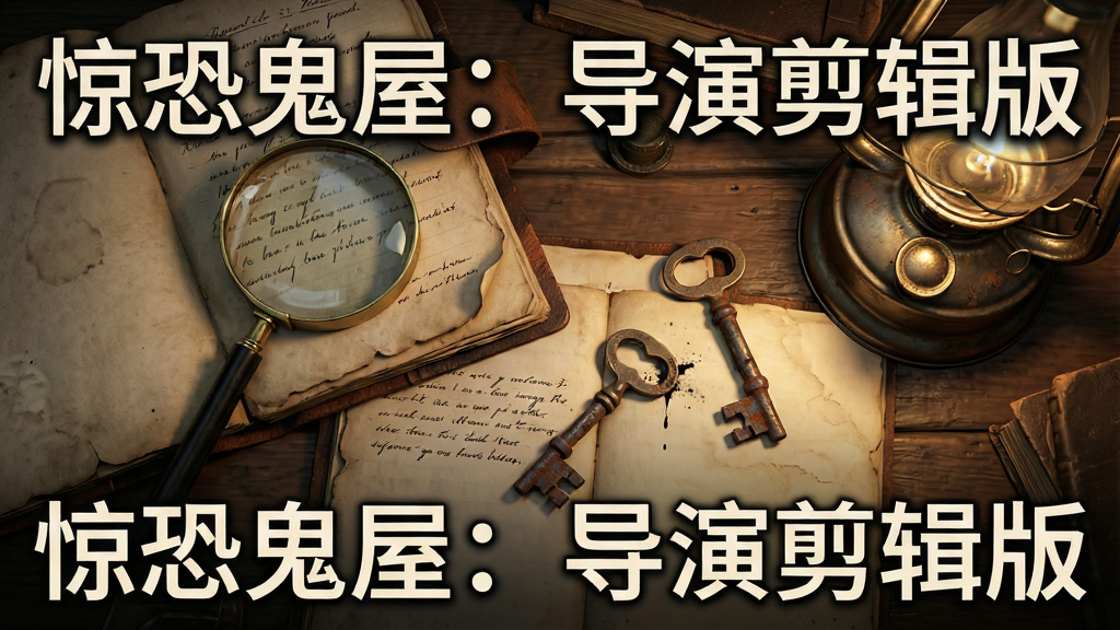 特写展示一张古老书桌,主体为散落的日记本、放大镜、黄铜钥匙与煤油灯,布局为桌面俯视角度、物品错落有致,排版为正方形构图,风格为复古悬疑解谜游戏道具界面,细节包含纸张纹理、墨水字迹、钥匙锈迹,画面中打文字“惊恐鬼屋:导演剪辑版”,画质为高清、干净、无多余元素