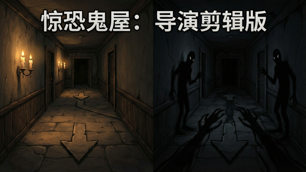 展示分叉路口式的剧情选择界面,主体为两条不同方向的走廊,布局为左右对称、左明右暗,排版为横版游戏界面截图,风格为暗黑奇幻解谜游戏,细节包含左侧走廊有烛光、右侧走廊有黑影、地面有指向箭头,画面中打文字“惊恐鬼屋:导演剪辑版”,画质为高清、干净、无多余元素