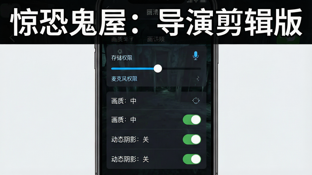 展示手机屏幕上显示游戏设置界面,主体为画质调节滑块与权限开关列表,布局为竖版手机截图、界面居中,排版为教程示意图风格,风格为简洁科技感UI,细节包含“存储权限”“麦克风权限”“画质:中”“动态阴影:关”等文字标注,画面中打文字“惊恐鬼屋:导演剪辑版”,画质为高清、干净、无多余元素