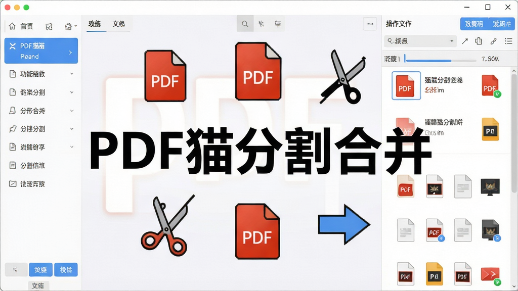 一张展示PDF猫分割合并软件主界面的宽幅图片,画面中央是软件名称“PDF猫分割合并”的醒目文字,周围环绕着PDF文件图标、剪刀分割符号和合并箭头等元素,布局采用左右分栏式,左侧为功能菜单区,右侧为文件列表操作区,风格简洁现代,细节包括清晰的按钮、进度条和文件缩略图,画质高清,干净无多余元素