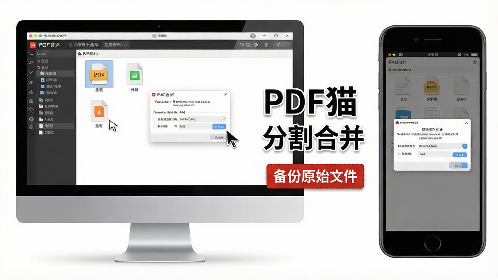 一张展示PDF猫分割合并软件操作技巧的示意图,画面中央是电脑屏幕显示软件界面,屏幕旁边有提示文字“PDF猫分割合并”和“备份原始文件”的警示标签,布局采用左右分栏,左侧为电脑端操作界面,右侧为移动端手机界面,风格写实教学风,细节包括鼠标指针、文件图标和权限设置弹窗,画质高清,干净整洁