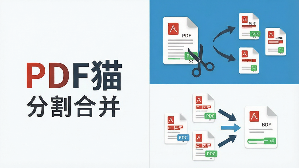 一幅展示PDF猫分割合并软件功能的AI生成图片,画面左侧显示“PDF猫分割合并”软件Logo,右侧分为上下两部分,上方是分割功能的示意图,一个PDF文件被剪刀图标分成多个小文件,下方是合并功能的示意图,多个PDF文件通过箭头汇聚成一个文件,整体布局清晰,风格扁平化,细节包括文件图标、页码标签和进度指示,画质高清,干净整洁