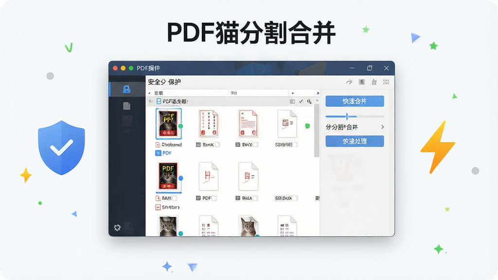 一张以“PDF猫分割合并”为主题的软件界面展示图,画面中央是软件操作窗口,窗口内显示多个PDF文件列表和分割合并按钮,窗口周围有盾牌图标代表安全保护、闪电图标代表快速处理,布局采用居中构图,风格商务简约,细节包括文件缩略图、进度条和状态提示,画质清晰,干净无多余元素