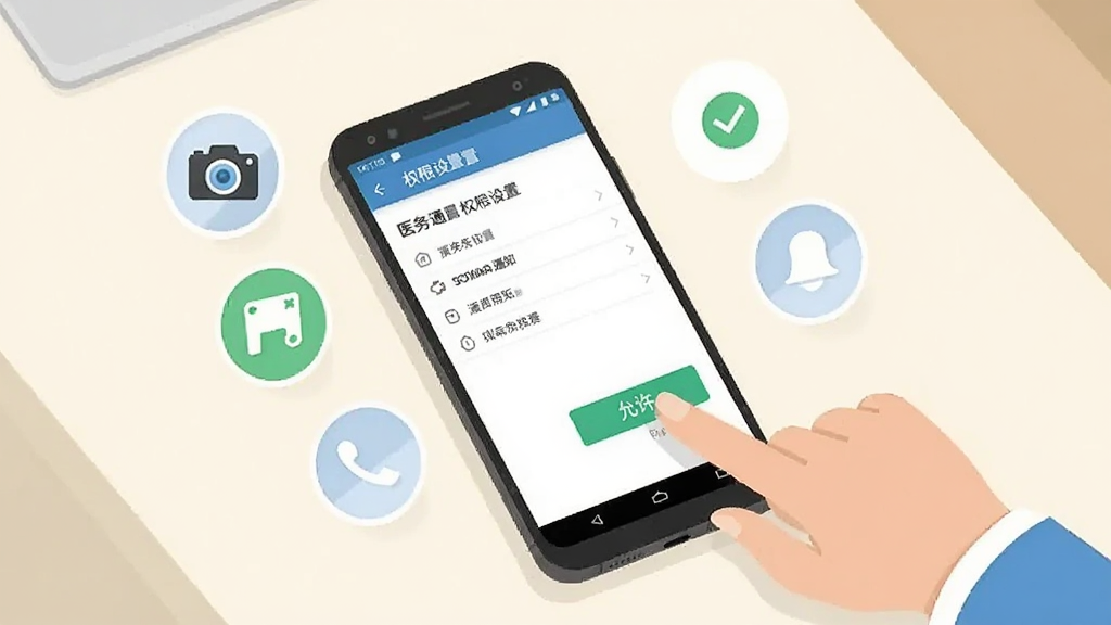 一部安卓手机放置在桌面上,屏幕显示医务通的权限设置页面,旁边有一只手正在点击“允许”按钮,画面中有相机、存储、通知等权限图标悬浮在手机周围,背景为简洁的浅色桌面,风格扁平化插画,画质清晰,干净无多余元素