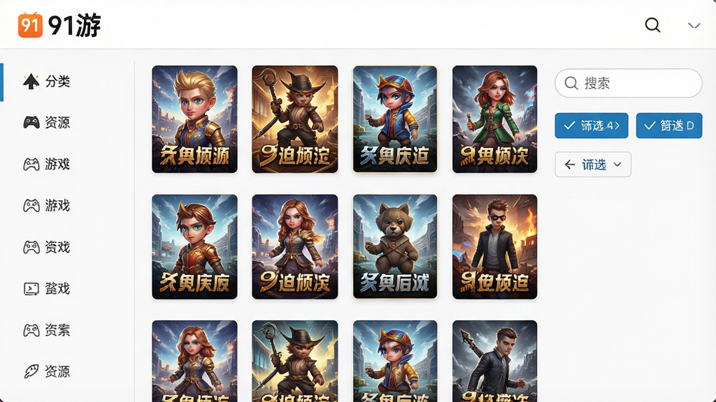 一张展示91游游戏资源聚合功能的图片,画面主体是一个游戏资源列表页面,左侧是分类标签,中间是游戏封面缩略图网格排列,右侧是搜索框和筛选按钮,界面中带有