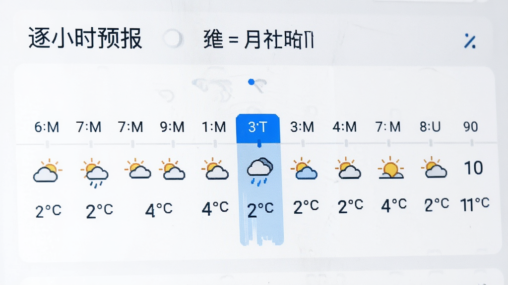 标准天气软件中的“逐小时预报”界面特写,主体为一条横向时间轴,从早上6点到晚上10点,每个时间点下方有天气图标与温度数字,其中下午3点位置显示小雨图标与蓝色降水条,布局居中,风格简约现代,配色为白底蓝字,画质清晰,干净整洁
