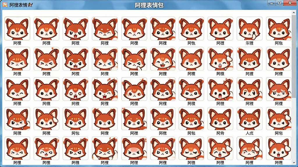 一张展示阿狸表情包资源库界面的图片,画面主体为软件窗口内密集排列的阿狸表情缩略图墙,包含静态和动态表情混合展示,布局采用多行多列网格,风格为卡通可爱风,细节上每个缩略图下方带有小字分类标签,画质清晰明亮,画面干净无杂乱元素,窗口顶部显示“阿狸表情包”字样。