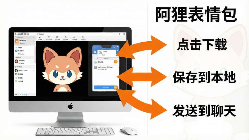 一张展示阿狸表情包使用教程的示意图,画面主体为电脑屏幕显示软件操作界面,旁边有步骤指示箭头标注“点击下载”“保存到本地”“发送到聊天”等流程,布局采用左右分栏,左侧为软件截图,右侧为步骤文字说明,风格为简洁教程风,细节上箭头颜色为橙色醒目,画质清晰干净,画面中带有“阿狸表情包”文字。