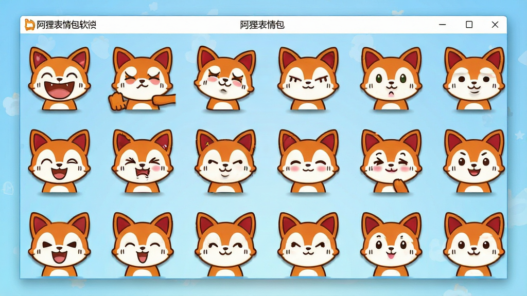 一张展示阿狸表情包软件界面的预览图,画面中央是软件主窗口,窗口内整齐排列着多排阿狸卡通表情缩略图,包含大笑、推倒、可爱等不同神态,背景为浅蓝色渐变,界面风格清爽简洁,主体突出“阿狸表情包”软件名称文字,布局采用网格排版,风格为扁平化UI设计,细节上每个表情图标带有轻微阴影,画质清晰干净,无多余装饰元素。