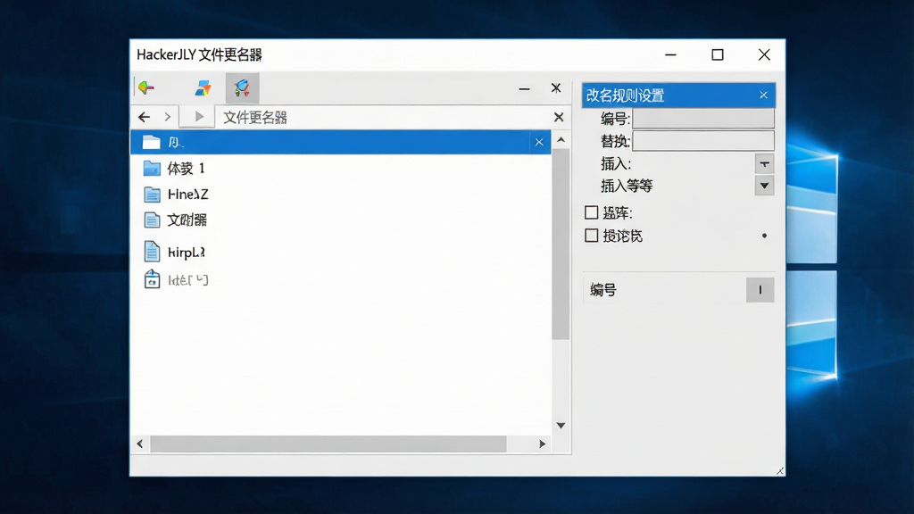 一张简洁现代的Windows桌面软件界面截图,画面中央是“HackerJLY 文件更名器”主窗口,左侧为文件列表区,右侧为改名规则设置面板,包含编号、替换、插入等选项,整体采用浅灰色与蓝色点缀的扁平化设计风格,界面干净无多余元素,文字清晰锐利,4K高分辨率,软件名称“HackerJLY 文件更名器”以标题形式显示在窗口顶部,适合作为软件下载站预览图
