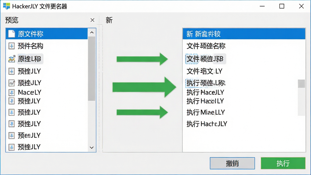 软件操作界面截图,重点展示“预览”面板,左侧为原文件名列表,右侧为新文件名列表,中间有绿色箭头连接,底部有“撤销”和“执行”按钮,界面风格为现代Windows扁平化设计,背景干净,文字清晰,顶部显示“HackerJLY 文件更名器”软件名称,画质细腻,无杂乱元素