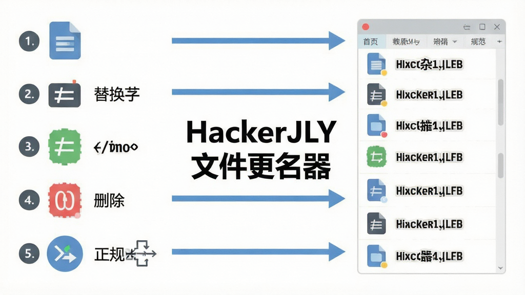 一张信息图风格的示意图,左侧列出多种改名规则图标(编号、替换、插入、删除、正则等),右侧用箭头指向一个文件列表,文件名从杂乱变得整齐规范,画面中央有“HackerJLY 文件更名器”的文字标识,采用扁平化图标设计,底色为纯白,文字清晰,布局工整,适合软件功能介绍配图