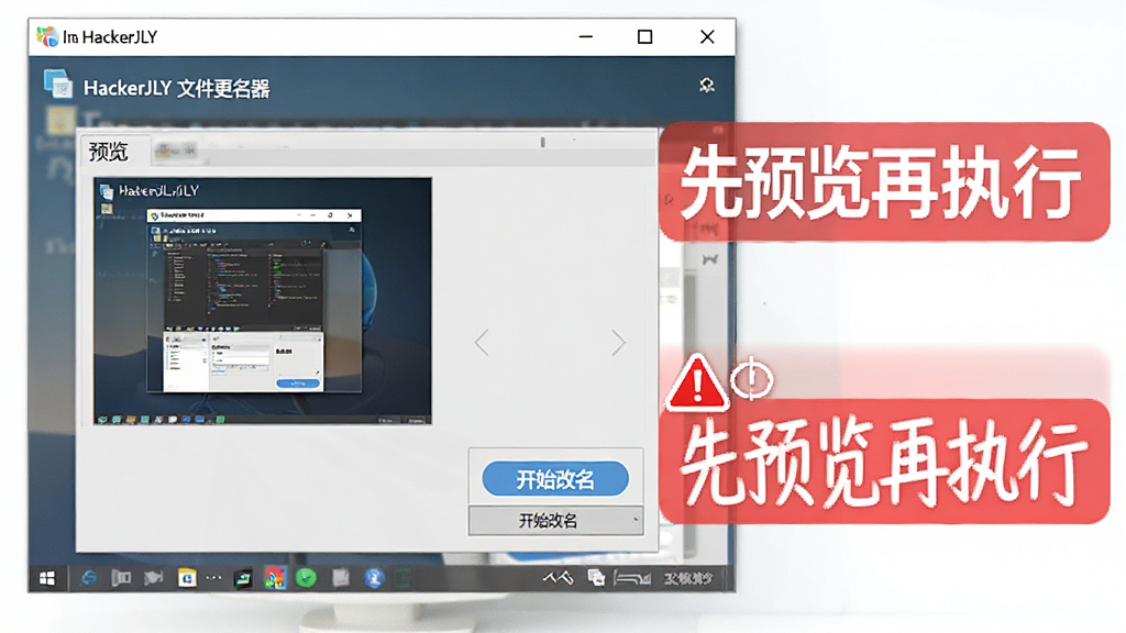 一张电脑屏幕截图,展示HackerJLY 文件更名器的操作界面,重点突出“预览”面板和“开始改名”按钮,界面旁边用红色警示框标注“先预览再执行”的文字提示,整体风格为教程类配图,背景干净,文字清晰,适合新手教程使用