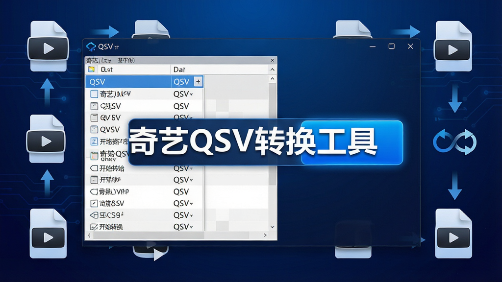 一张科技感十足的软件界面截图,画面中央是奇艺QSV转换工具的主窗口,左侧显示QSV文件列表,右侧有醒目的开始转换按钮,背景是深蓝色渐变,屏幕中清晰显示“奇艺QSV转换工具”文字,周围环绕着视频文件图标和转换箭头,风格简洁现代,细节丰富,画质清晰,干净无多余元素