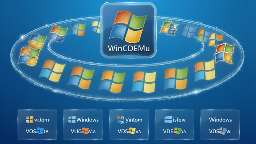 WinCDEmu软件在多种Windows系统版本上运行的兼容性示意图,主体为多个Windows徽标排列成弧形,布局为上方显示WinCDEmu图标、下方为系统版本列表,排版层次分明,风格为科技蓝渐变背景,细节包括透明玻璃质感、发光边框,画质为超清、干净、无多余元素