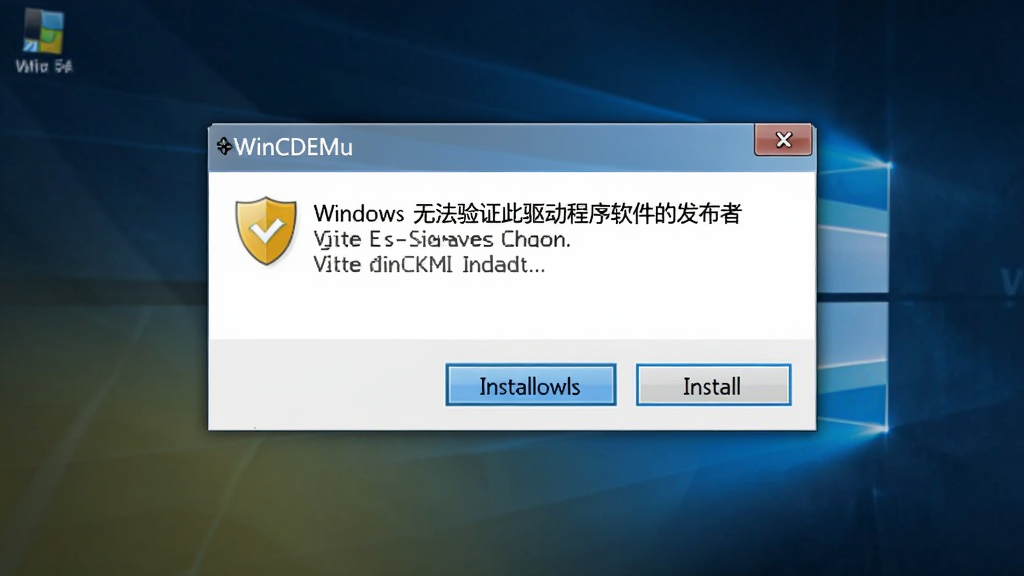 WinCDEmu软件在Windows电脑上的安装驱动签名警告界面,主体为弹窗提示「Windows无法验证此驱动程序软件的发布者」,布局为屏幕中央对话框,排版清晰,风格为Windows经典警告窗口,细节包括黄色盾牌图标、安装按钮高亮,画质为高清、干净、无多余元素