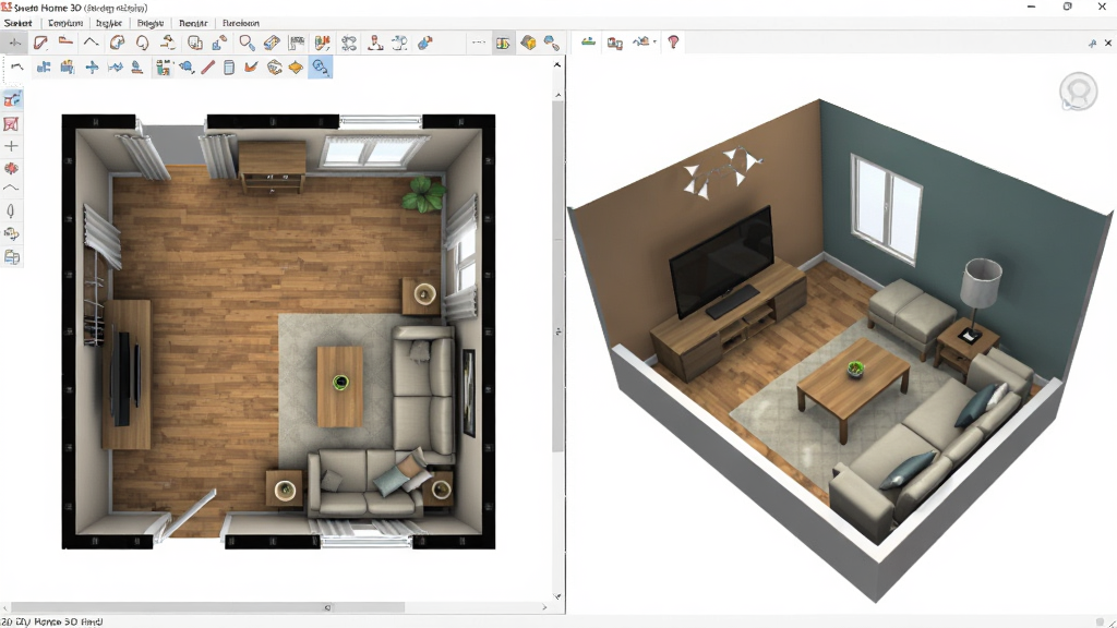一张Sweet Home 3D(家装设计)软件工作界面截图,左侧显示2D平面户型图,右侧显示同步生成的3D立体房间模型,画面中有沙发、茶几、电视柜等家具,布局为左右分屏,风格为现代家居设计,细节包含地板纹理、墙面颜色、窗户透光效果,画质高清,画面干净,无多余元素。