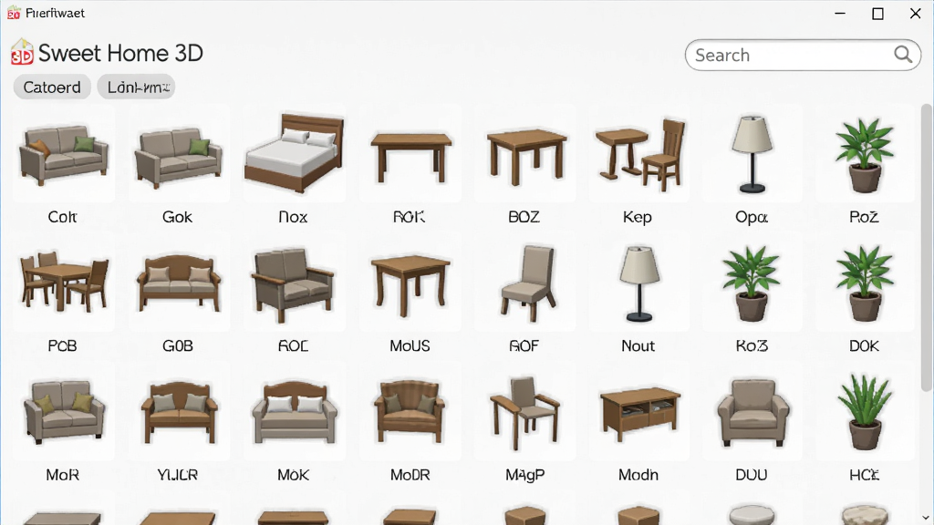 一张Sweet Home 3D(家装设计)软件家具库面板特写图,面板中整齐排列着各种家具缩略图,包括沙发、床、桌椅、灯具、绿植等,布局为网格状排列,风格为扁平化图标设计,细节包含分类标签和搜索框,画质高清,画面干净,无多余元素。