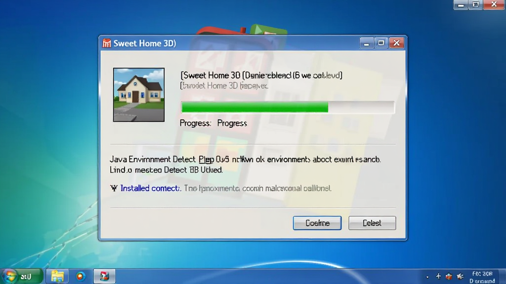 一张Sweet Home 3D(家装设计)软件在Windows电脑上的安装向导截图,画面显示安装进度条和Java环境检测提示,布局为居中弹窗,风格为经典Windows安装界面,细节包含进度条、按钮和文字说明,画质高清,画面干净,无多余元素。