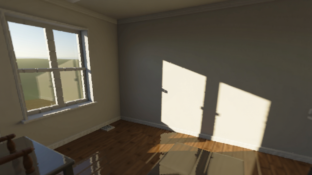 一张Sweet Home 3D(家装设计)软件3D视图中的光照效果展示图,画面中房间内有窗户透入自然光,光线照射在地板和墙面上形成明暗对比,布局为室内一角,风格为写实渲染,细节包含光影过渡、家具投影、材质反光,画质高清,画面干净,无多余元素。