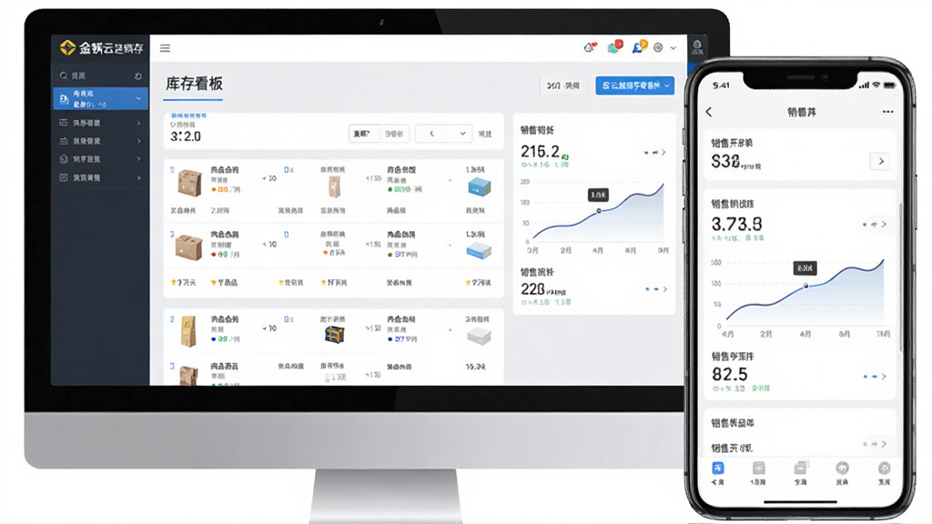 画面中央是一部打开的金蝶云进销存零售版软件界面,主体为软件主界面与手机端同步展示,布局采用左右分栏排版,左侧为电脑端库存看板,右侧为手机端销售开单页面,风格为现代简约商务风,细节包含商品列表、库存数字、销售曲线图等元素,画质高清,画面干净,无多余元素
