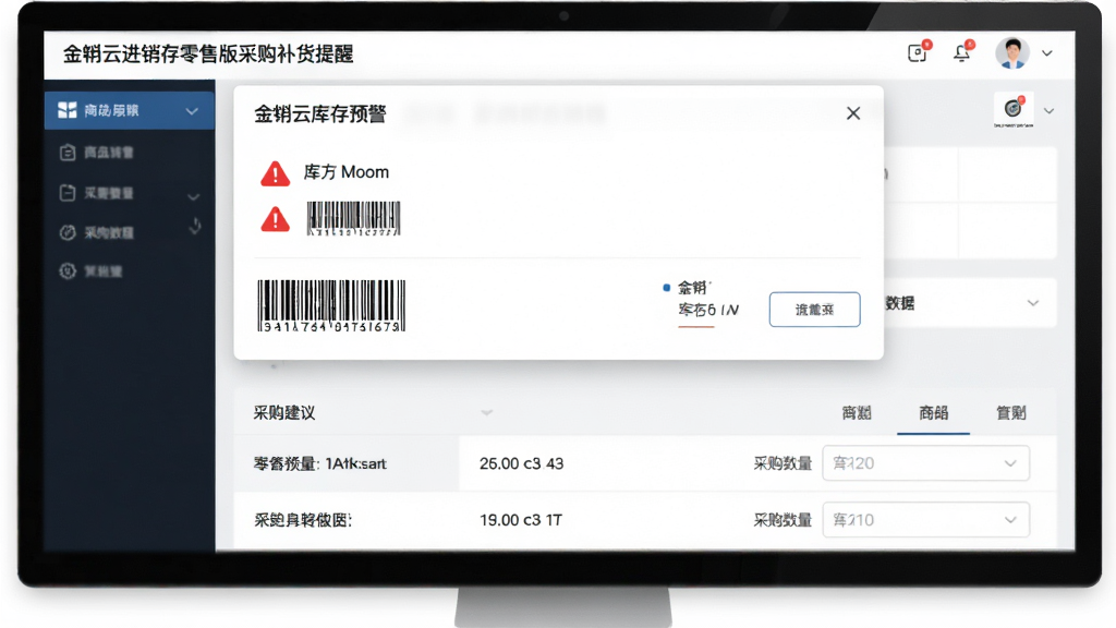 画面主体为金蝶云进销存零售版采购补货提醒界面,布局采用上下结构排版,上方为库存预警弹窗,下方为采购建议列表,风格为简约商务风,细节包含红色预警图标、商品条形码、采购数量输入框等元素,画质高清,画面干净,无多余元素