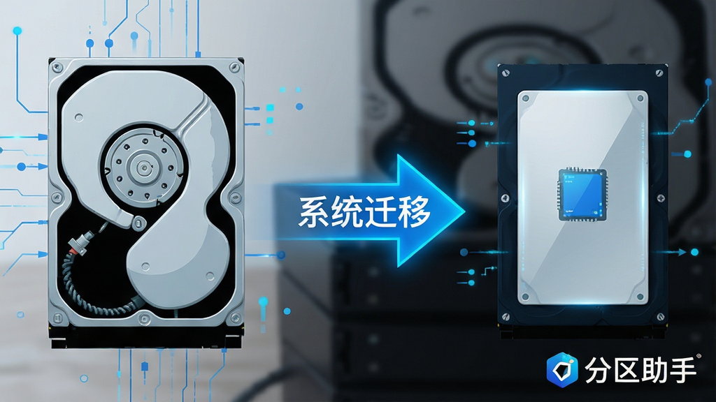 一张展示分区助手系统迁移功能的场景图,画面中左侧为一块旧机械硬盘,右侧为一块新固态硬盘,中间有一个发光的蓝色箭头从旧硬盘指向新硬盘,箭头上方写有