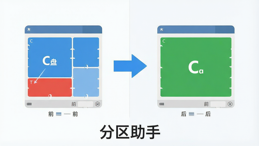 一张展示分区助手无损调整分区大小功能的示意图,画面左侧为调整前的磁盘分区条形图,C盘显示红色空间不足,右侧为调整后的条形图,C盘已扩大并显示绿色充足状态,中间有一个蓝色箭头表示调整过程,画面底部写有