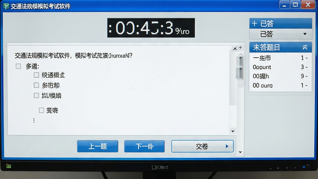 一张电脑屏幕截图,显示“交通法规模拟考试软件”的模拟考试界面,顶部有倒计时器显示剩余时间,中间是一道多选题,底部有上一题、下一题和交卷按钮,屏幕右侧有答题卡显示已答和未答题目数量,整体布局与真实考场系统相似,配色为浅灰色和蓝色,画面干净,画质清晰