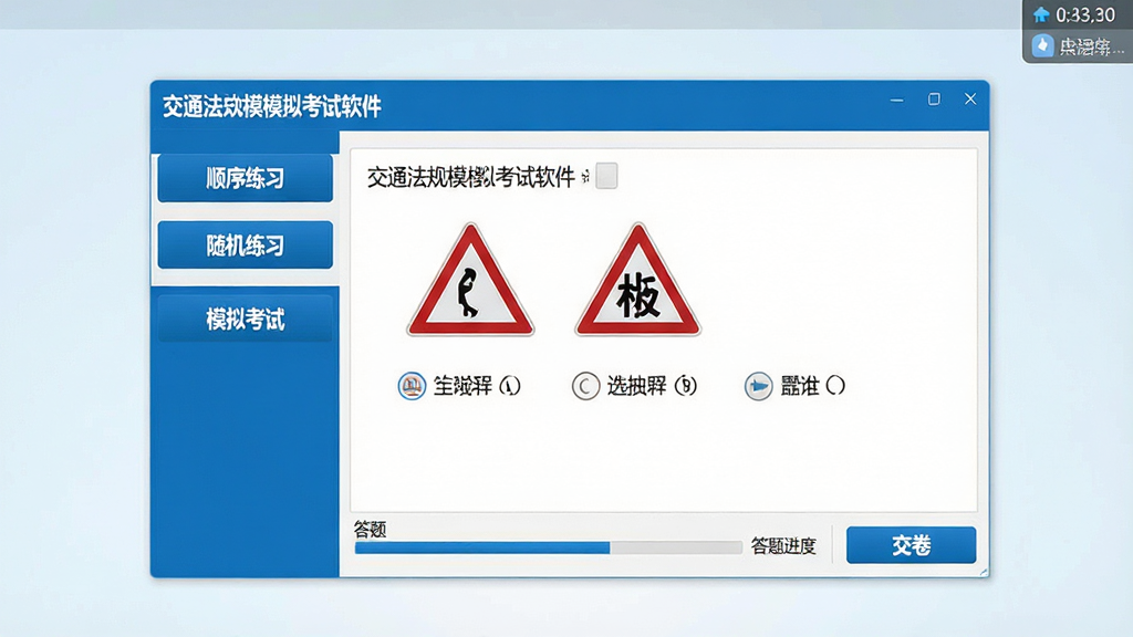 一张宽幅的电脑桌面截图,画面中央是“交通法规模拟考试软件”的主界面,左侧为功能导航栏包含顺序练习、随机练习、模拟考试等按钮,右侧显示一道交通标志选择题及四个选项,界面底部有答题进度条和交卷按钮,整体风格简洁专业,配色以蓝白为主,屏幕右上角显示当前时间与用户昵称,画面干净清晰,画质细腻,无多余元素
