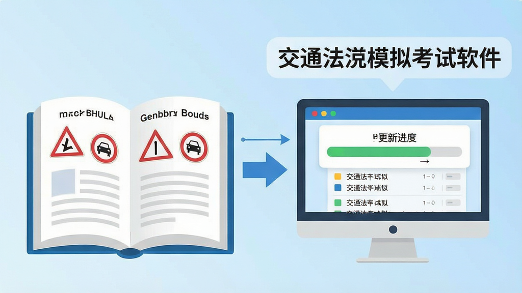 一张信息图表风格的插图,画面左侧是一本翻开的交通法规书籍,右侧是电脑屏幕显示题库更新进度条,屏幕上方漂浮着“交通法规模拟考试软件”字样,背景为浅蓝色渐变,中央有箭头从书籍指向屏幕表示同步更新,细节包括书籍页面上的交通标志图标和屏幕上的题目列表,风格扁平化,画质清晰,无多余元素