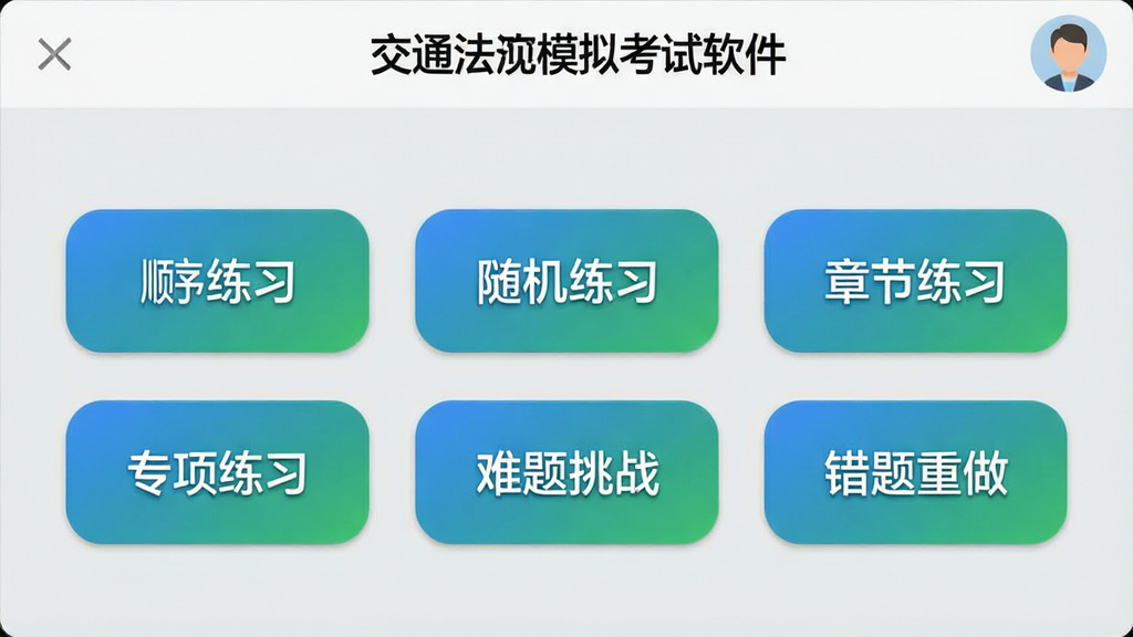 一张软件界面截图,展示“交通法规模拟考试软件”的练习模式选择页面,页面上有六个大按钮分别标注顺序练习、随机练习、章节练习、专项练习、难题挑战和错题重做,按钮采用圆角矩形设计,配色为蓝绿渐变,背景为浅灰色,页面顶部有软件名称和用户头像,画面清晰,布局整齐
