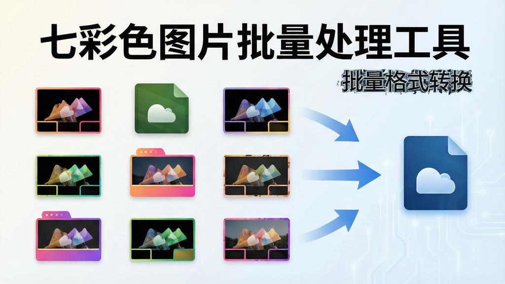 一张展示七彩色图片批量处理工具格式转换功能的图片,画面中多张不同格式的图片图标排列整齐,箭头指向统一的目标格式图标,背景为浅色渐变,风格简洁科技感,画质清晰干净,图片中标注文字“七彩色图片批量处理工具”和“批量格式转换”