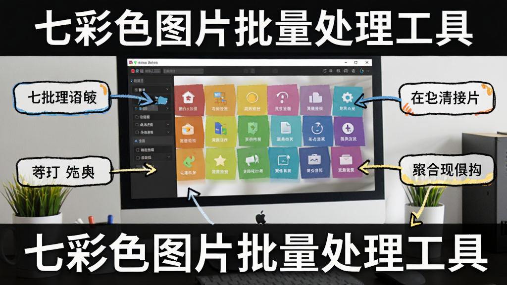 一张展示七彩色图片批量处理工具使用技巧的图片,画面中电脑屏幕上显示软件操作界面,旁边有手绘风格的提示标签指向各个功能按钮,背景为整洁的办公桌面,风格轻松实用,画质清晰,图片中标注“七彩色图片批量处理工具”