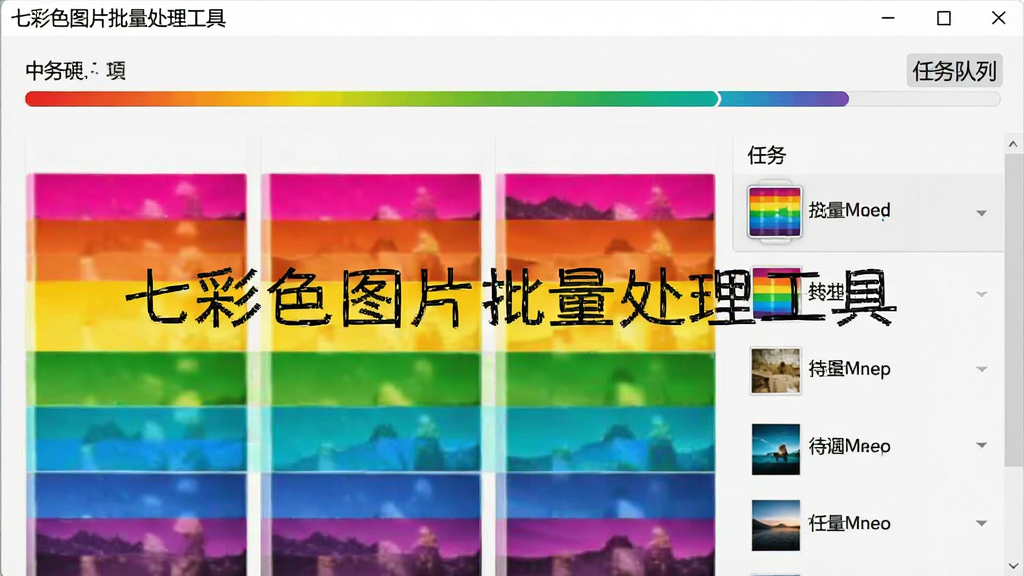 一张展示七彩色图片批量处理工具任务队列界面的图片,画面中显示一个进度条和多个待处理图片文件名列表,界面布局清晰,风格简约,画质干净,图片中标注“七彩色图片批量处理工具”和“任务队列”