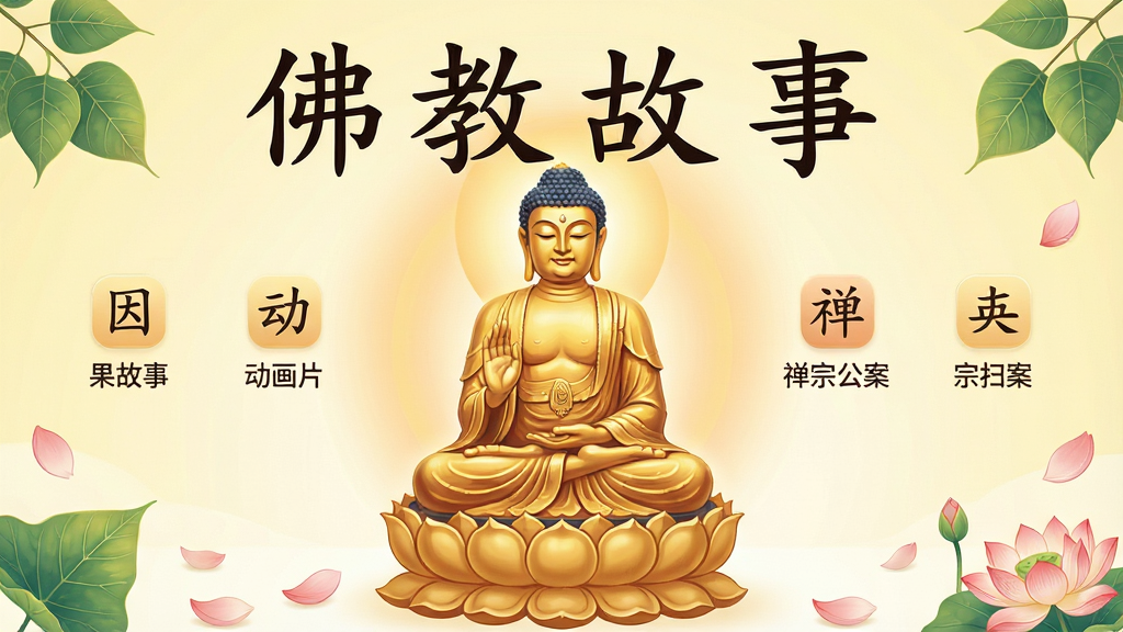 软件主界面全景展示,画面中央是一尊庄严慈祥的金色佛像端坐于莲花座上,四周环绕着柔和温暖的佛光,背景是淡雅的浅黄色渐变。布局采用居中对称的排版方式,顶部用楷体书写“佛教故事”四个大字,下方整齐排列着因果故事、动画片、禅宗公案等分类图标。风格为清新素雅的国风插画,细节处点缀着菩提叶与莲花瓣,画质高清,画面干净,无多余元素,整体氛围宁静祥和。