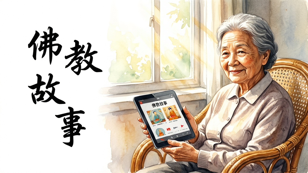 一位面容慈祥的老奶奶坐在窗边的藤椅上,手里拿着一部平板电脑,屏幕上显示着“佛教故事”的播放界面。阳光透过窗户洒在她身上,画面温馨。布局采用三分法构图,人物位于右侧,左侧留白处用行书题写“佛教故事”四字。风格为写实水彩插画,细节注重人物表情与光影变化,画质细腻,画面干净,无多余元素。