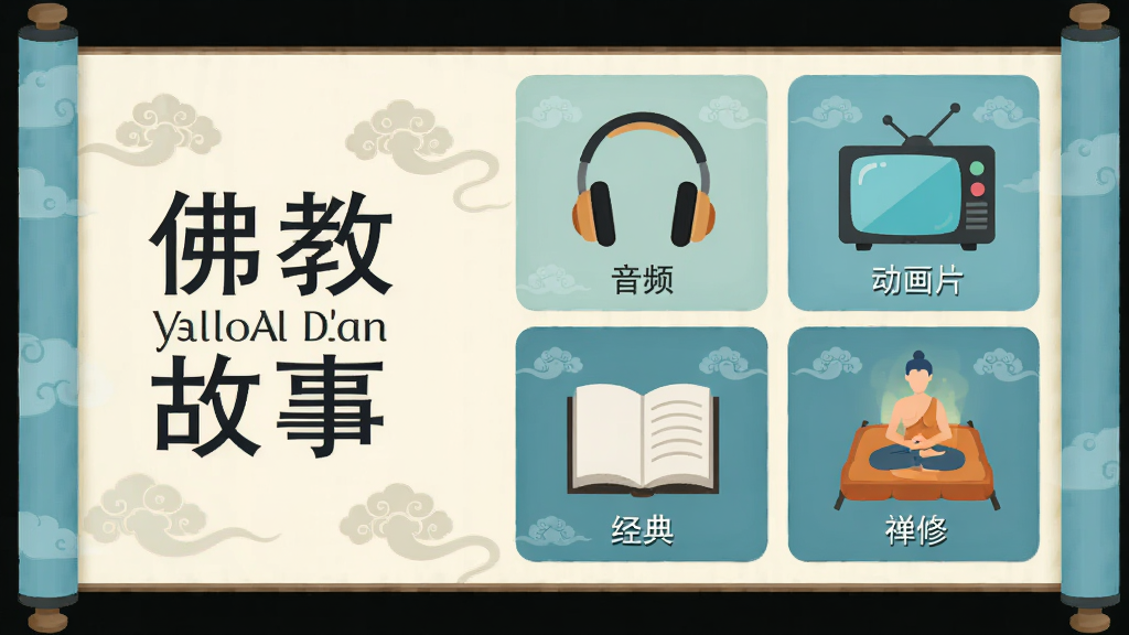软件功能分区展示图,画面主体是一个横向展开的卷轴,卷轴左侧写着“佛教故事”的拼音与汉字,右侧分为四个方格,分别画着耳机代表音频、电视机代表动画片、书本代表经典、打坐垫代表禅修。布局为左中右三段式,排版整齐有序,风格为扁平化设计,细节处有淡淡的云纹装饰,画质清晰,干净利落。